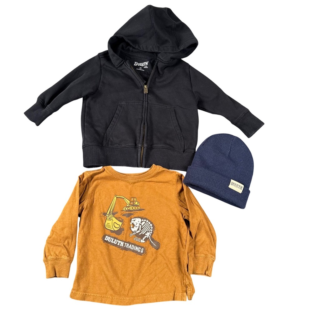 Duluth Trading Co Toddler Boys 3pc Set Hoodie‎ Tee Beanie Black Brown 2T 3T
